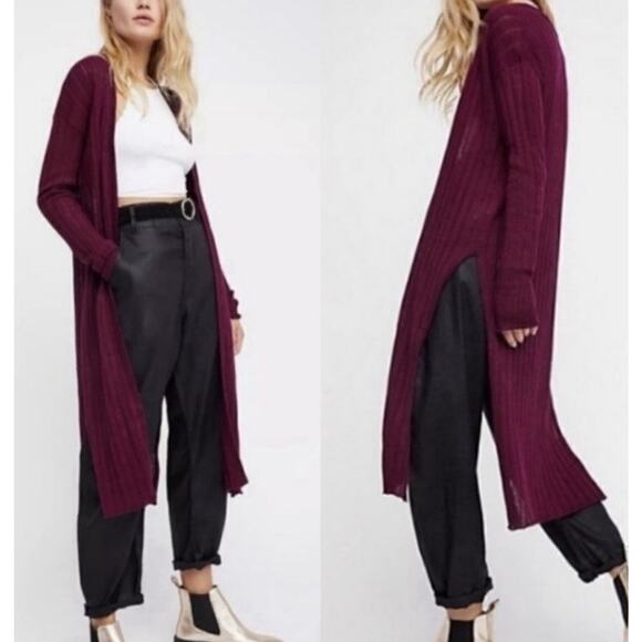 Free People Sweaters - Free People Ribbed Longline Duster Cardigan S Linen Blend Plum Purple